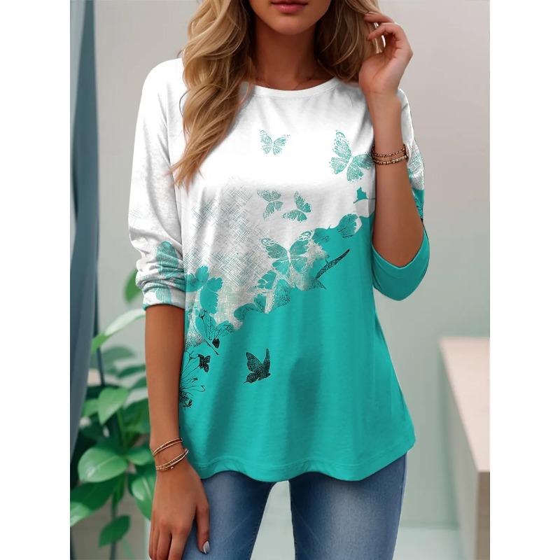 Spring and Autumn Round Neck 3D Butterfly Pattern Color Block Printed Top Fashionable Casual Long Sleeved Women's T-shirts