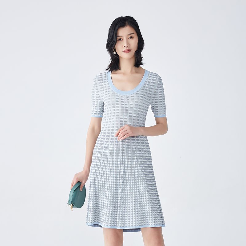 

Obeg Sunken Stripe Craft Minimalist U Collar Knitted Dress Baby Blue 155/XS/34