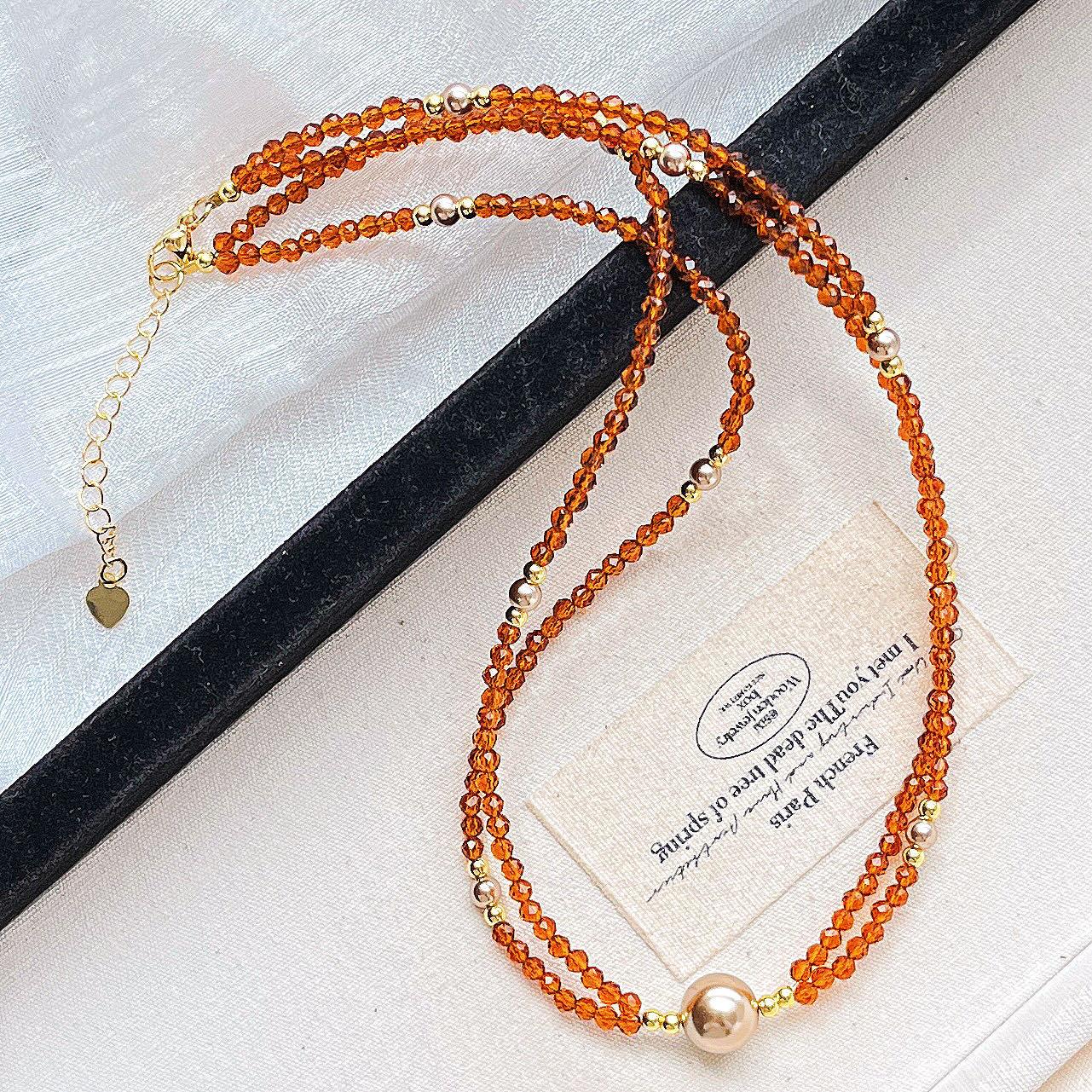 Autumn And Winter Maillard Vintage Style Faux Fanta Garnet Pearl Cross Clavicle Chain Necklace