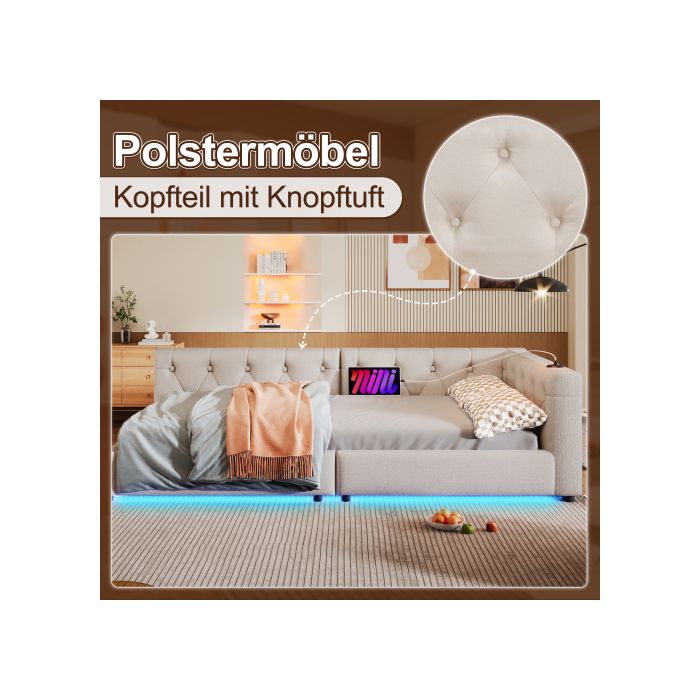 Sofabed, Daybed, Daybed, 90x200cm, Sofabed avec sommier à lattes (sans matelas) USB+Typ-c, Linen, Beige