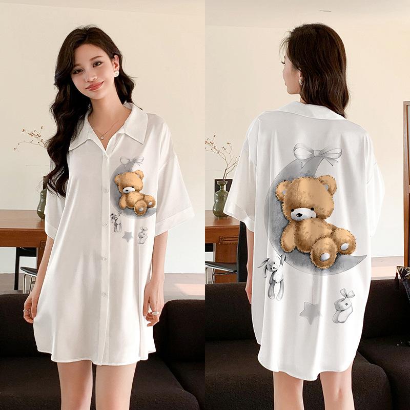 Ropa de Dormir Cómoda de Verano para Mujer Botones Delanteros Seda de Hielo Ropa para el Hogar Suelta Casual Estampada para Descansar