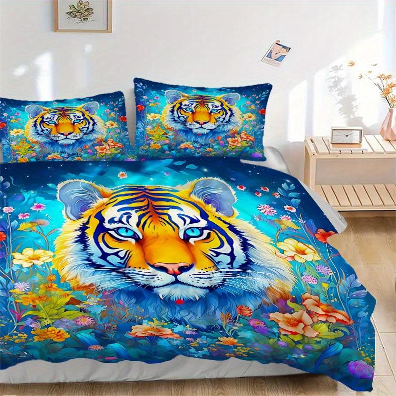 3pcs Tiger Flowers Soft Comfortable Bedding Set, For Bedroom, Guest Room And Dorm, All - Season Use, High-Definition Printing189