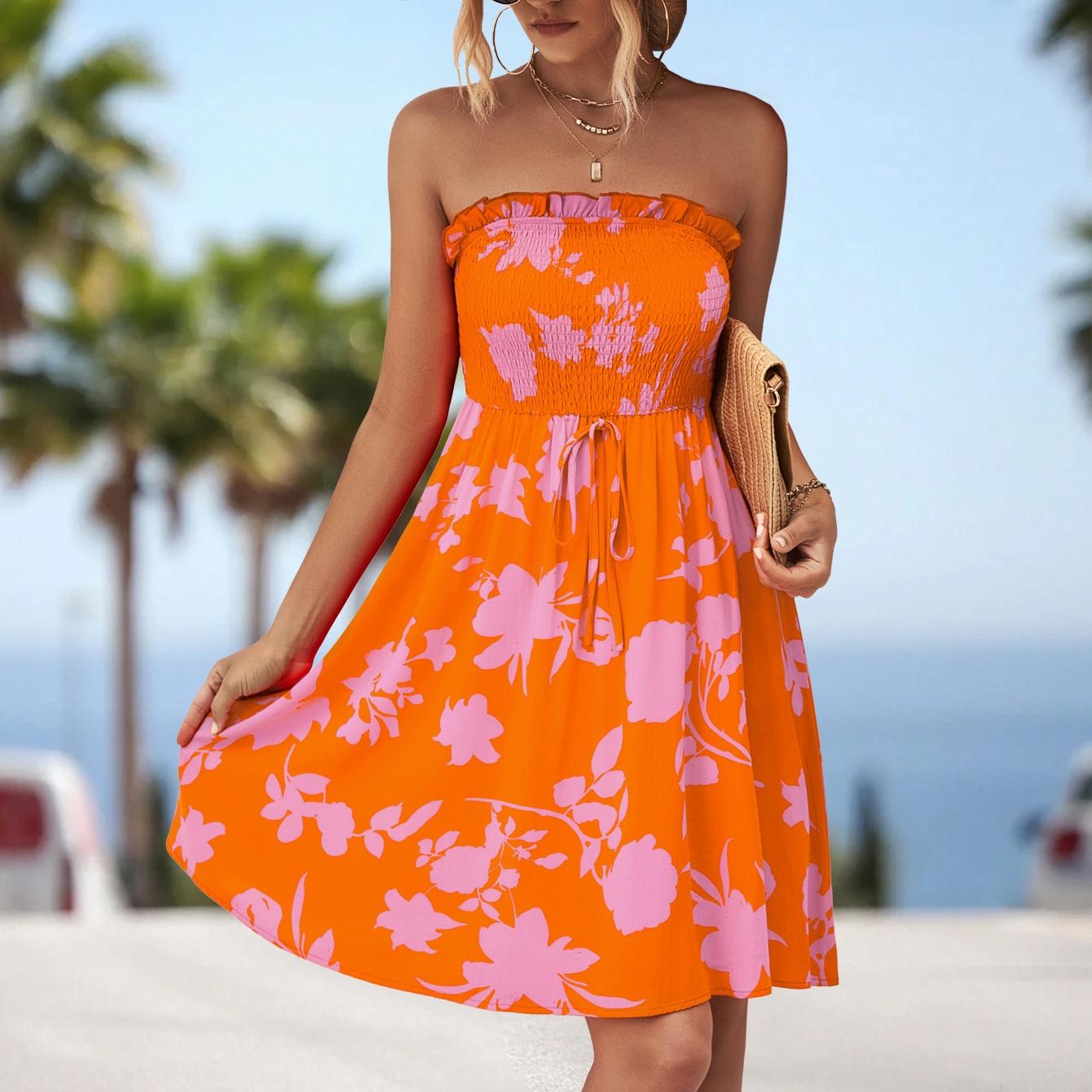 

QICED Лето-весна с цветочным принтом без рукавов Свободное женское платье с запахом и принтом на одно плечо XL