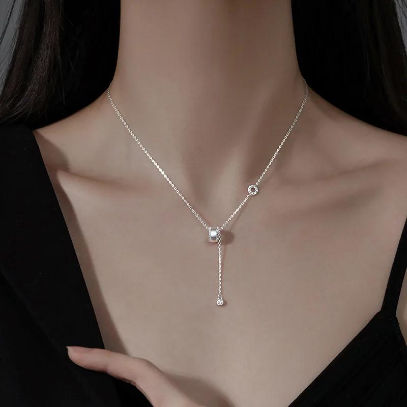 PONYKISS  Sterling Silver Zircon Hollow Round Tassels Chain Necklaces for Women Trendy Fine  Minimalist Accessories