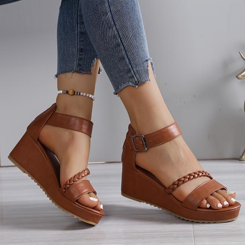 Brown PU Open-Toe Wedge Sandals for Women - Braided Ankle Strap, Adjustable Buckle Closure, Thick Rubber Sole for Summer Comfort
