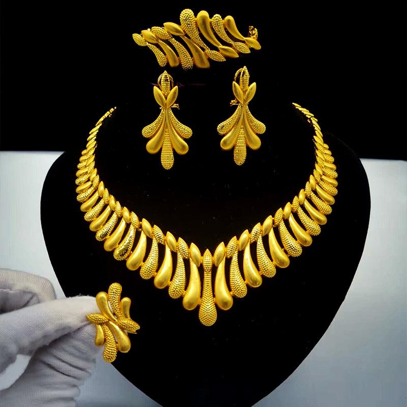 24K Gold-Plated Bridal Jewelry Set: Necklace & Earrings, Middle Eastern Wedding Style, Dubai Four-Piece Set