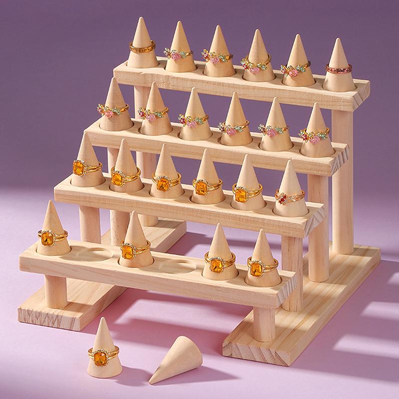 Cone Ring Display Holder Jewelry Display Stand Ring Showcase Storage Tray For Counter Shows Wooden Base Shop Decor