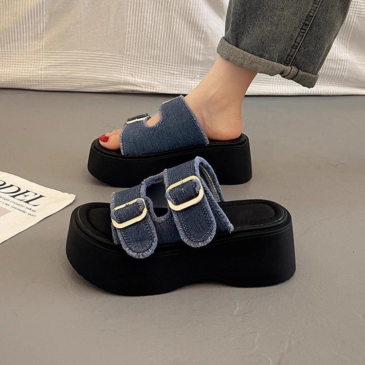 Thick-soled Muffin Sandals Women's New Versatile Denim Cloth Slippers Sports Sandals European Goods Are Increasing