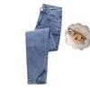 Women's Summer High Waist Light Blue Denim Jeans with Slit - Nine-Point Straight Leg Pants