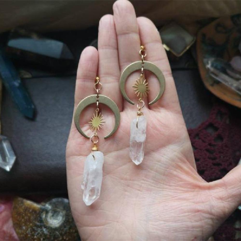 Retro Exquisite Stainless Steel Gold Color Sun Moon Natural White Crystal Stone Dangle Earrings for Women Jewelry Accessory Gift