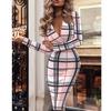 Autumn and Winter New French Retro European and American Fashion Print V-neck Bag Hip Long Sleeve Sexy Slim Dress Sub Trend
