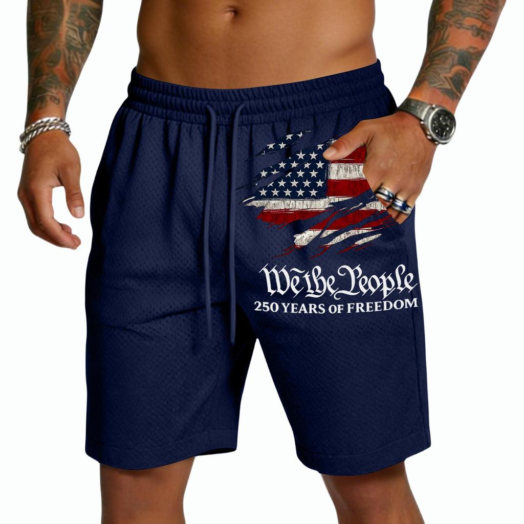 Pantalones Cortos de Malla para Hombre con Cintura de Cordón y Gráfico de Bandera We The 250 Años de Estilo Holgado