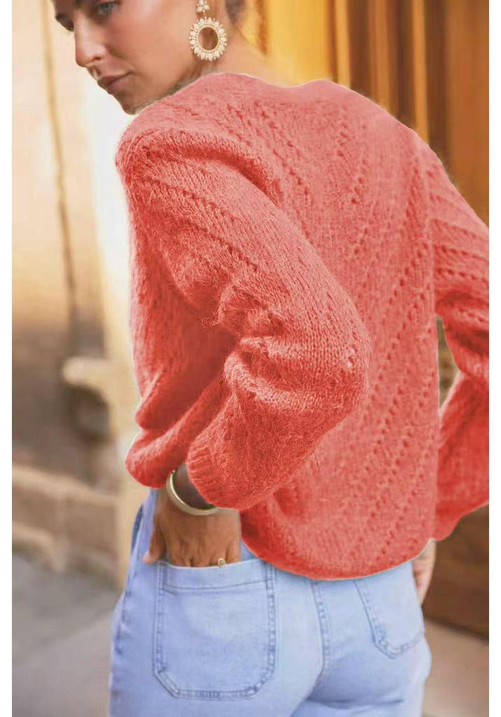 Damen V-Ausschnitt Mohair Cardigan - Langarm, Lochmuster, einfarbige Basis für Frühling & Herbst