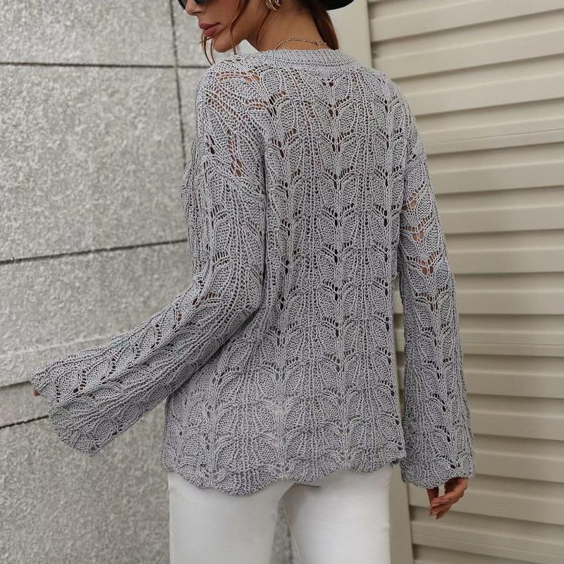 IHUASU Damen Herbst und Winter Strickpullover Einfarbig Häkeln Aushöhlen Pullover O-Ausschnitt Lockerer Pullover