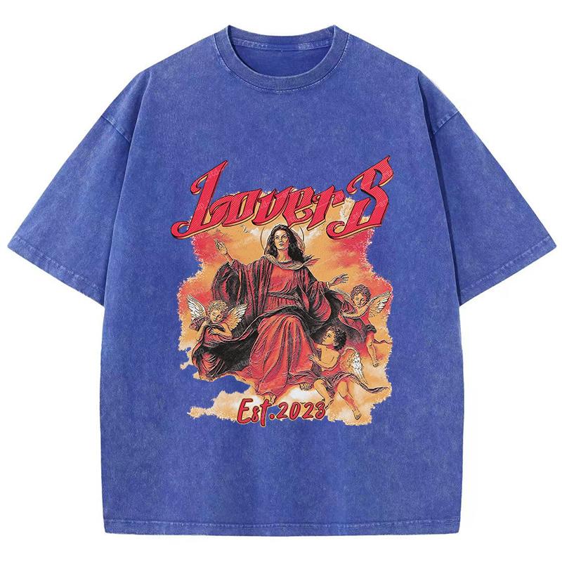 Street Women Washed T-Shirts Virgin Mary Lovesprinted Tee Shirts Comfortable Crewneck Cotton Oversize Tees Summer Clothes