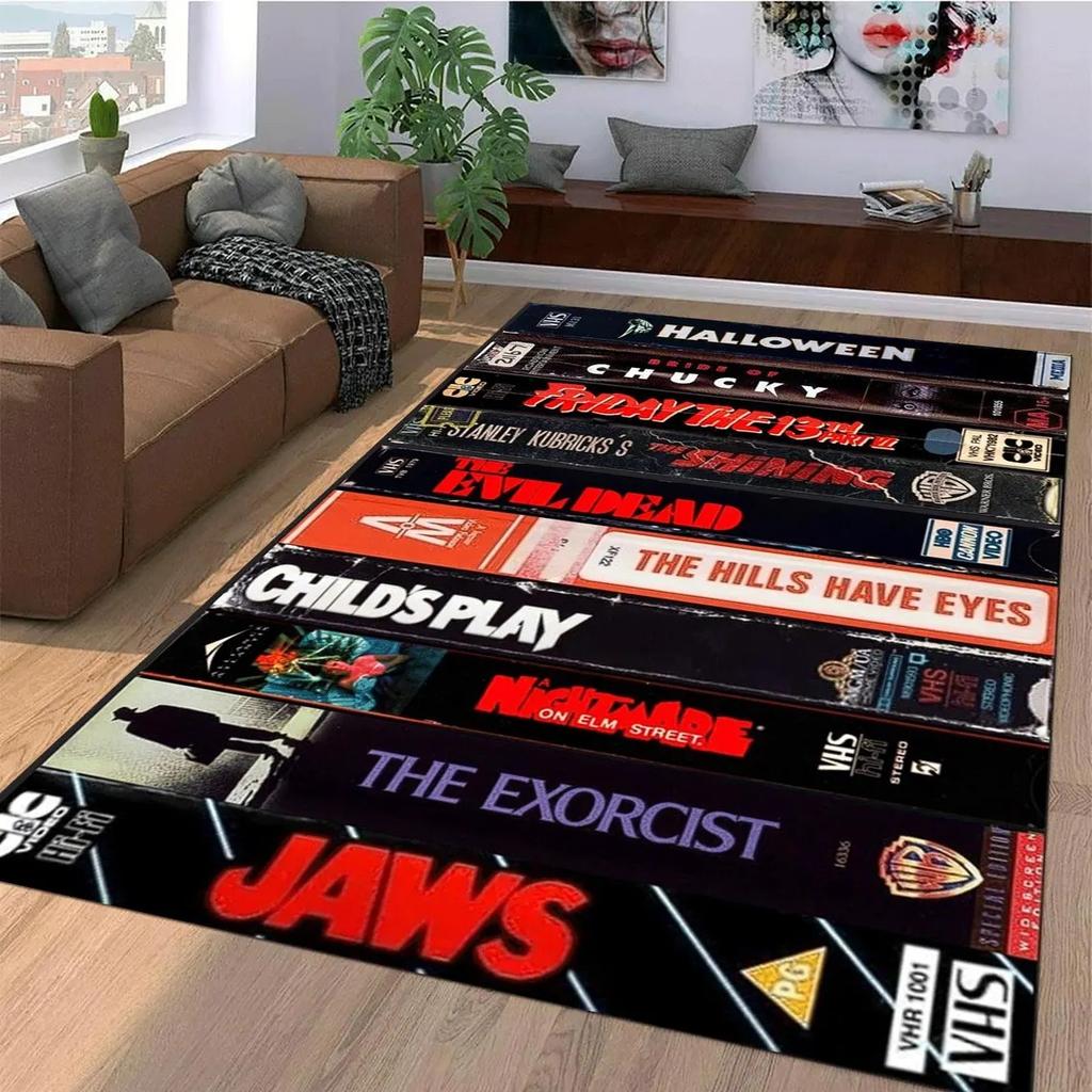 Vintage Horror VHS Film Movies Print Rug Retro Carpet for Living Room Bedroom Man Cave Game Room Floor Mat Non Slip Decor