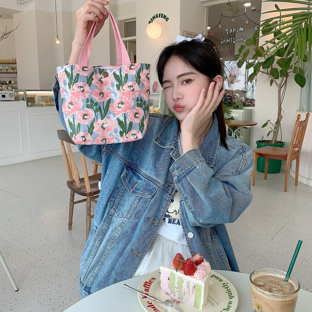 Trendy Street Style Floral Cotton Bento Bag Cute Canvas Lunch Tote For Women