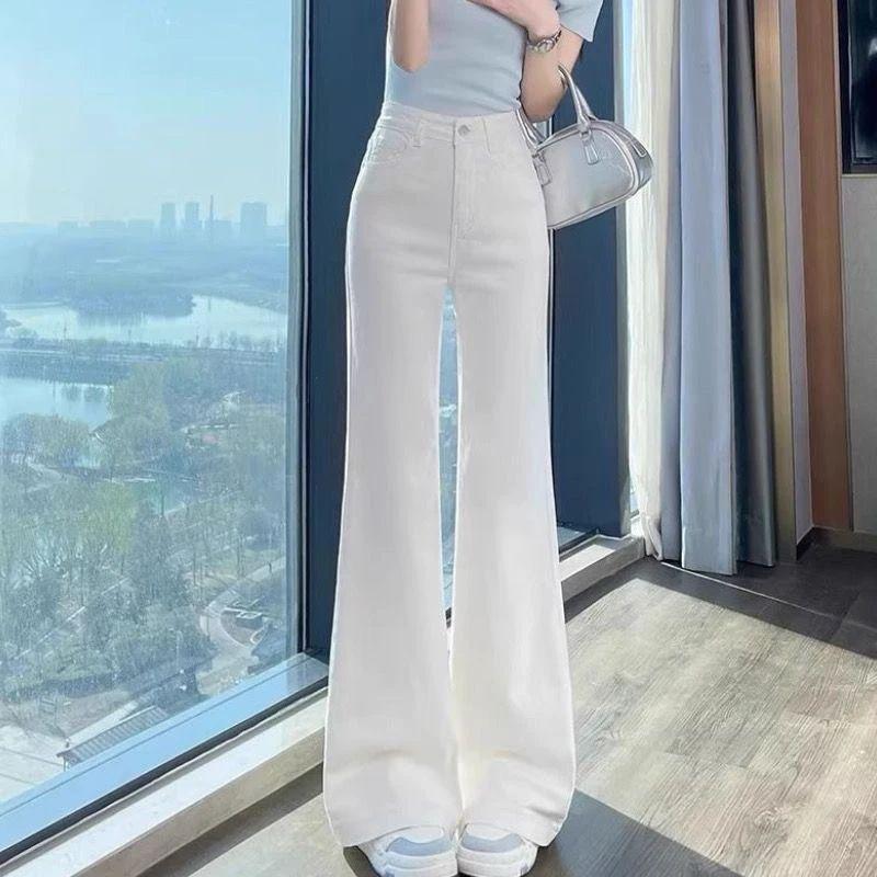 Women's High-Waisted White Micro-Flare Jeans - Autumn Style, Slimming, Loose Fit, Floor-Length, Leg-Lengthening Effect