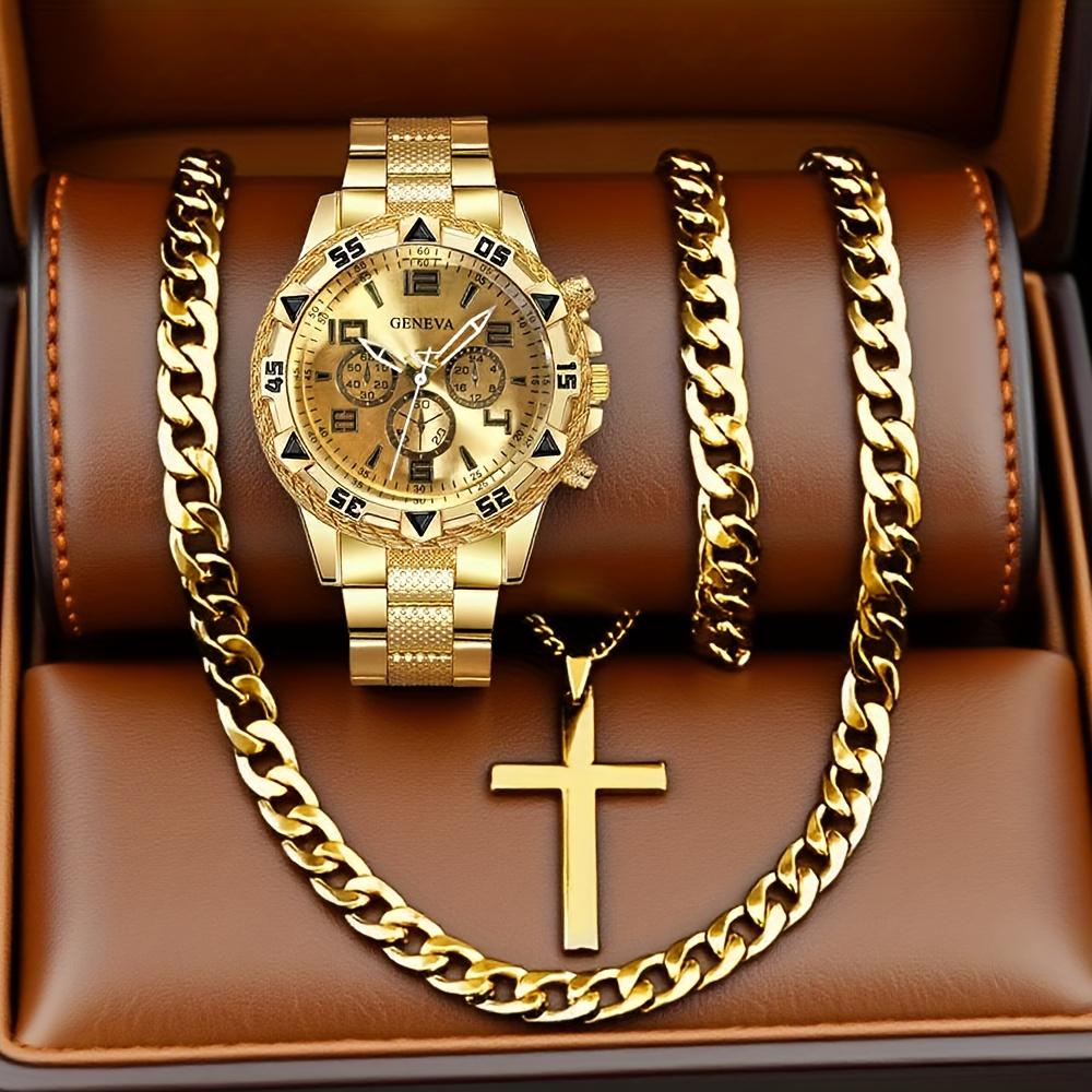 

4pcs/set Men s Watches Fashion Arabic Dial Steel Band Quartz Watch Set
