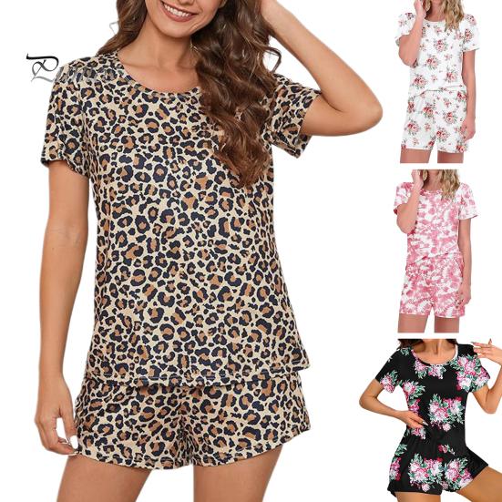 2 Pcs/Set Women Pajamas Set Short Sleeve O Neck Flower Print T-shirt Elastic Waist Short Pants Homewear Top Shorts Set Lady Summer Sleepwear