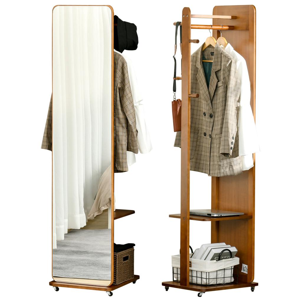 Standing Mirror with Wheels - Clothes Rack, 4 Hooks Shelf MDF Walnut Look