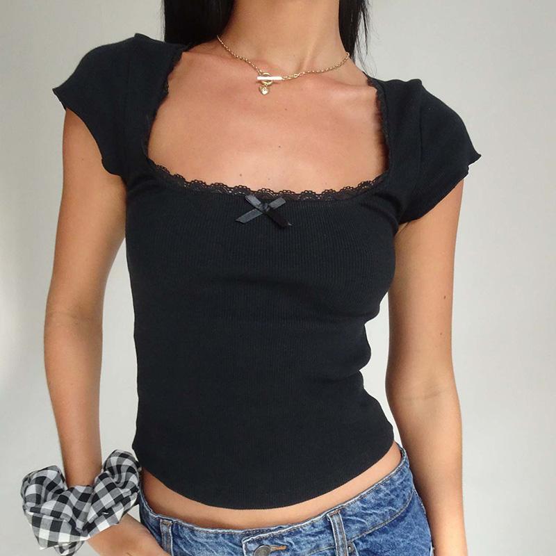 Y2k Vintage Baby Tee Cottage Lace Trim Knitted T-Shirt Letnia koszulka z kwadratowym dekoltem i krótkim rękawem, damska, biała, skrócona koszulka Milkmaid