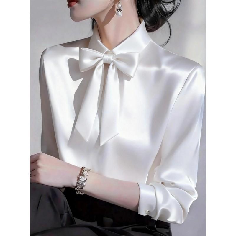 2026 Womens Long Sleeve Blouse With Bow Collar Elegant Casual Shirt In Solid Colors