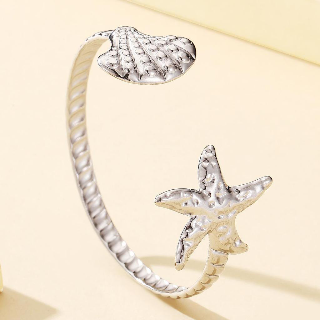 18K Gold Starfish Shell Beach Resort Stainless Steel Open Bracelet