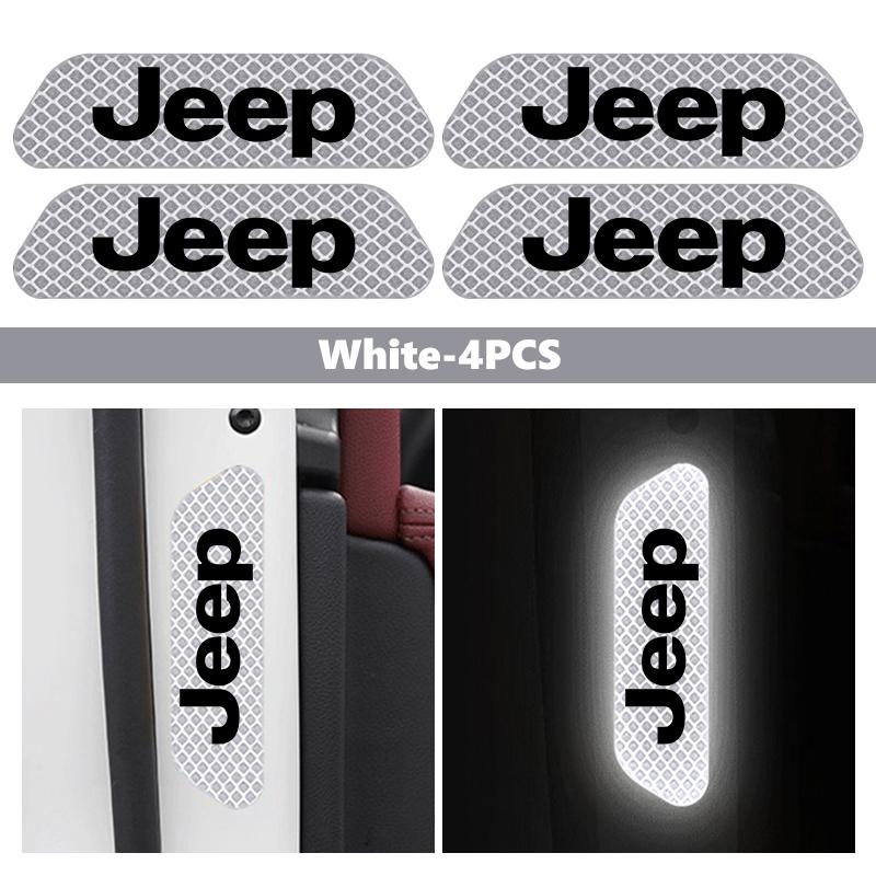 For Jeep 4pcs Car Logo Door Reflective Strips Sticker Security Warning Stickers Accessories Cherokee Wrangler JK Gladiator AJP1