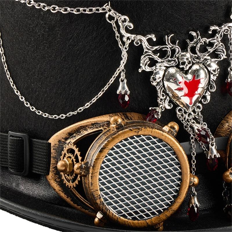 Gothic Top Hat With Heart Pendant And Detachable Adjustable Goggles For Halloween Costume Party Stage Performances