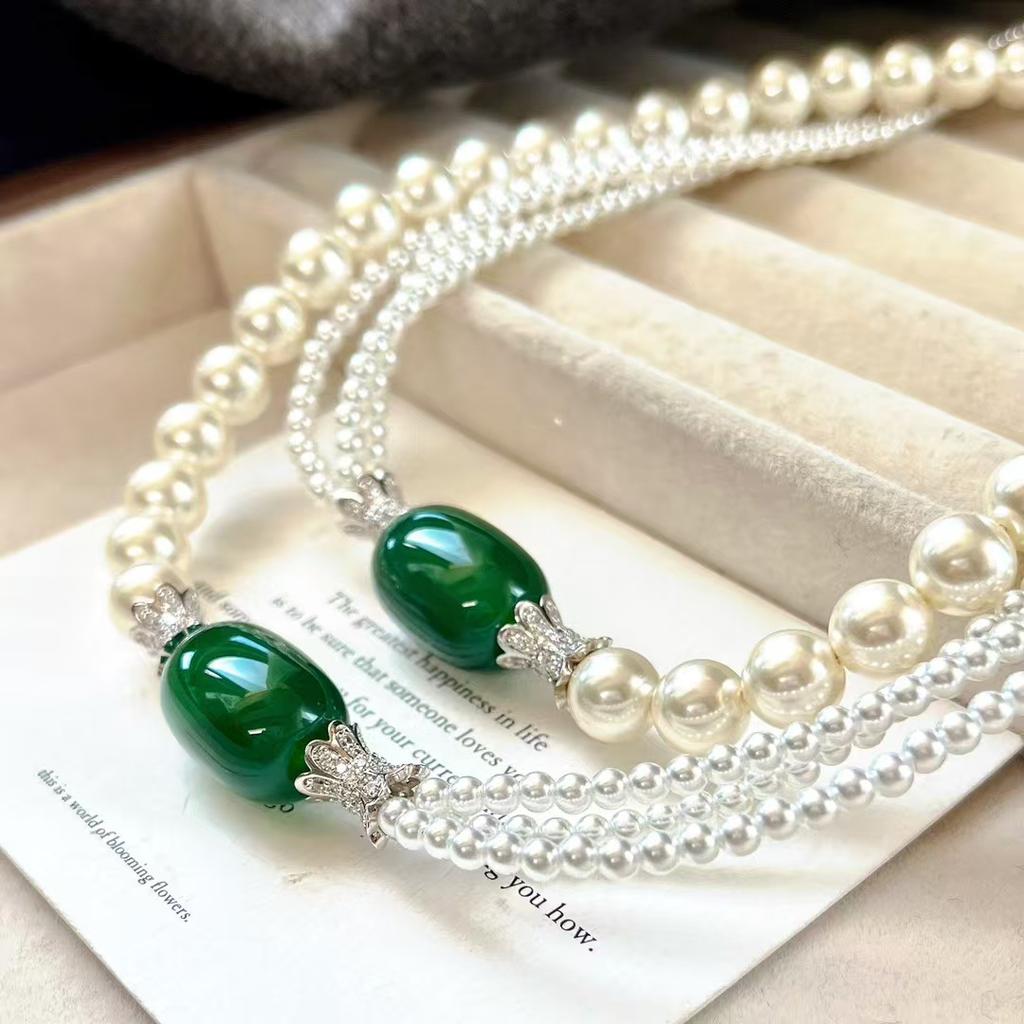 Vintage High-Quality High-Gloss Faux Crystal Pearl Sweater Chain Chalcedony Agate Necklace