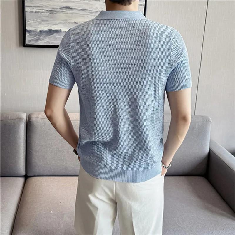 Sommer Herren Strick Poloshirts Kurzarm Smart Casual Leicht Turn-Down-Kragen Leinen Strick Cardigan Herren Atmungsaktive Polos