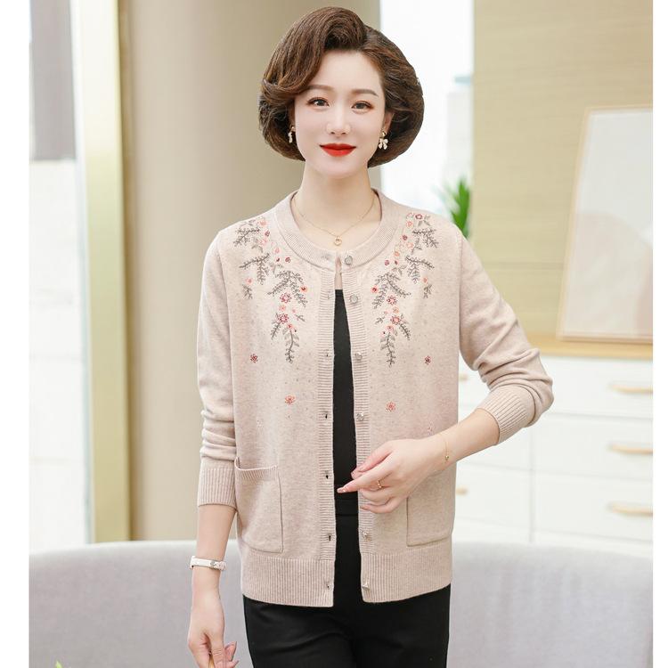Winter Knitted Cardigan Old Lady Sweater Round Neck Printing Relaxed and Comfortable Women's Sweater Middle-aged and Elderly Mother Autumn