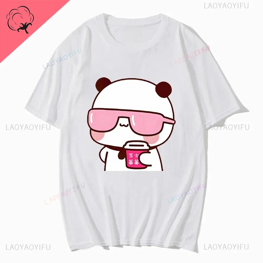 Couple Tee Bubu Is Watching Movies and Milk Tea with Dudu T-shirt Cartoon Cute Graphic Tees for Ladies Kawaii Cotton Unisex Tops