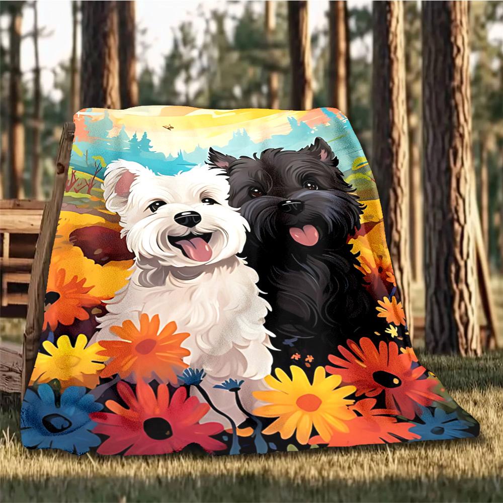 1pc Dog Floral Print Outdoor Soft Polyester Flannel Throw Blanket Versatile for All Seasons , Soft , Cozy , Warm All Season Quilted Throw ,