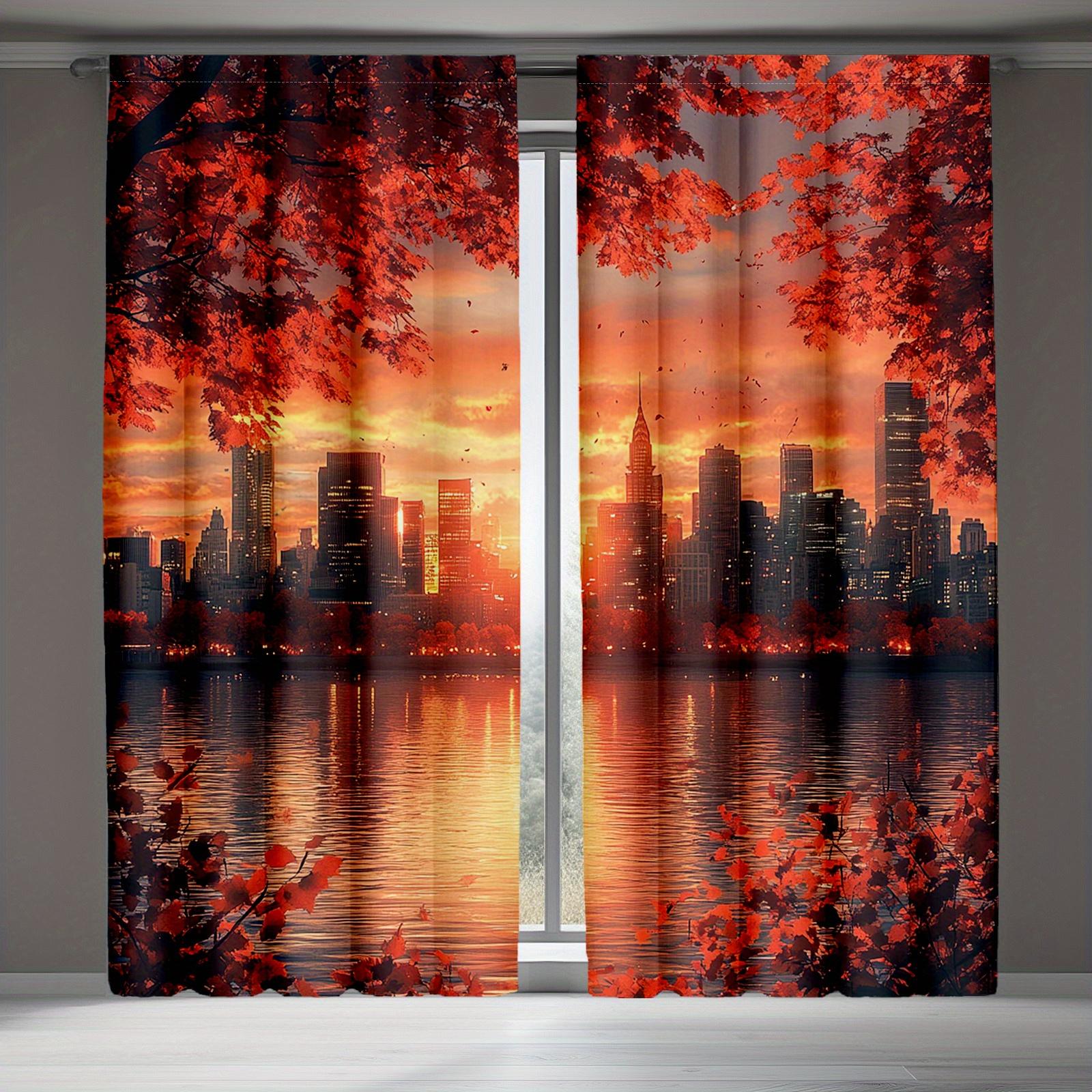 

curtain2pcs Urban Sunset Tree Curtains- Stylish Polyester Semi-Transparent Drapes with Vibrant Red Maple Leaves& Cityscape Desig 100*130 HOOK 1pcs