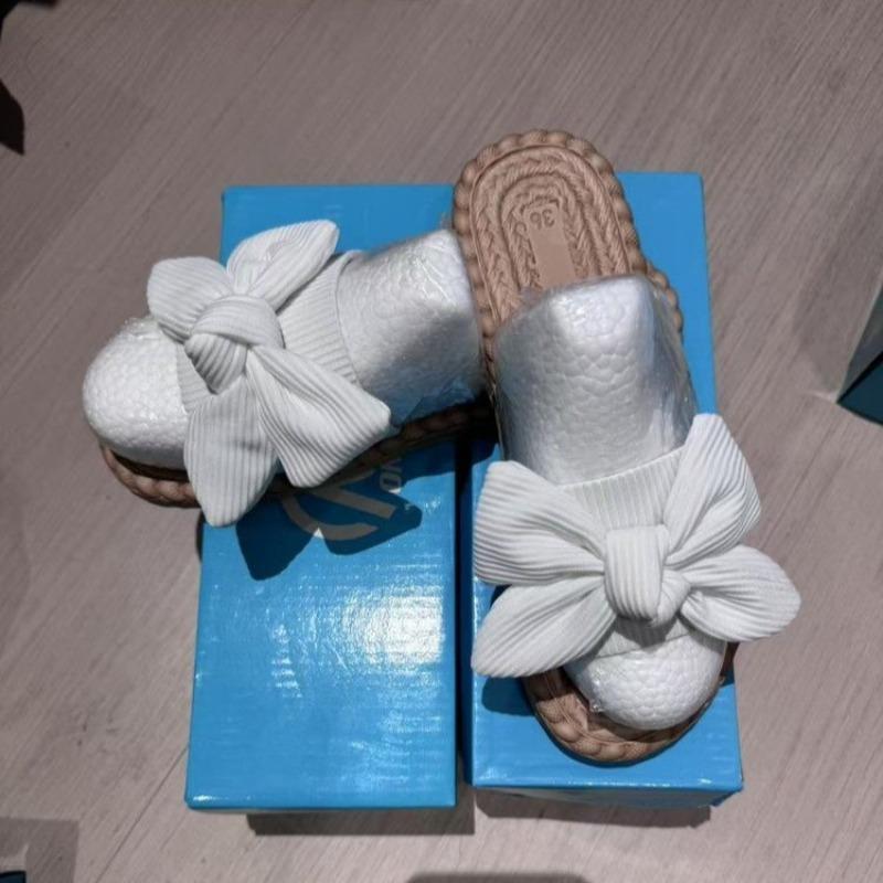 Summer New Round Toe Shallow Mouth Open Toe Metal Buckle Bow Soft Sole Anti-slip Wear-resistant Flat Sandals