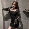 Slim and Thin Hip-wrapped Short Skirt Sexy Pure Desire Dating Black Mesh Splicing Long-sleeved Dress Women