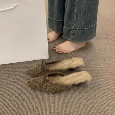 French Temperament Plush Bag Head Half Slippers Lazy One Pedal Pointed Muller Shoes Plush Shoes Women Wear Outside Winter