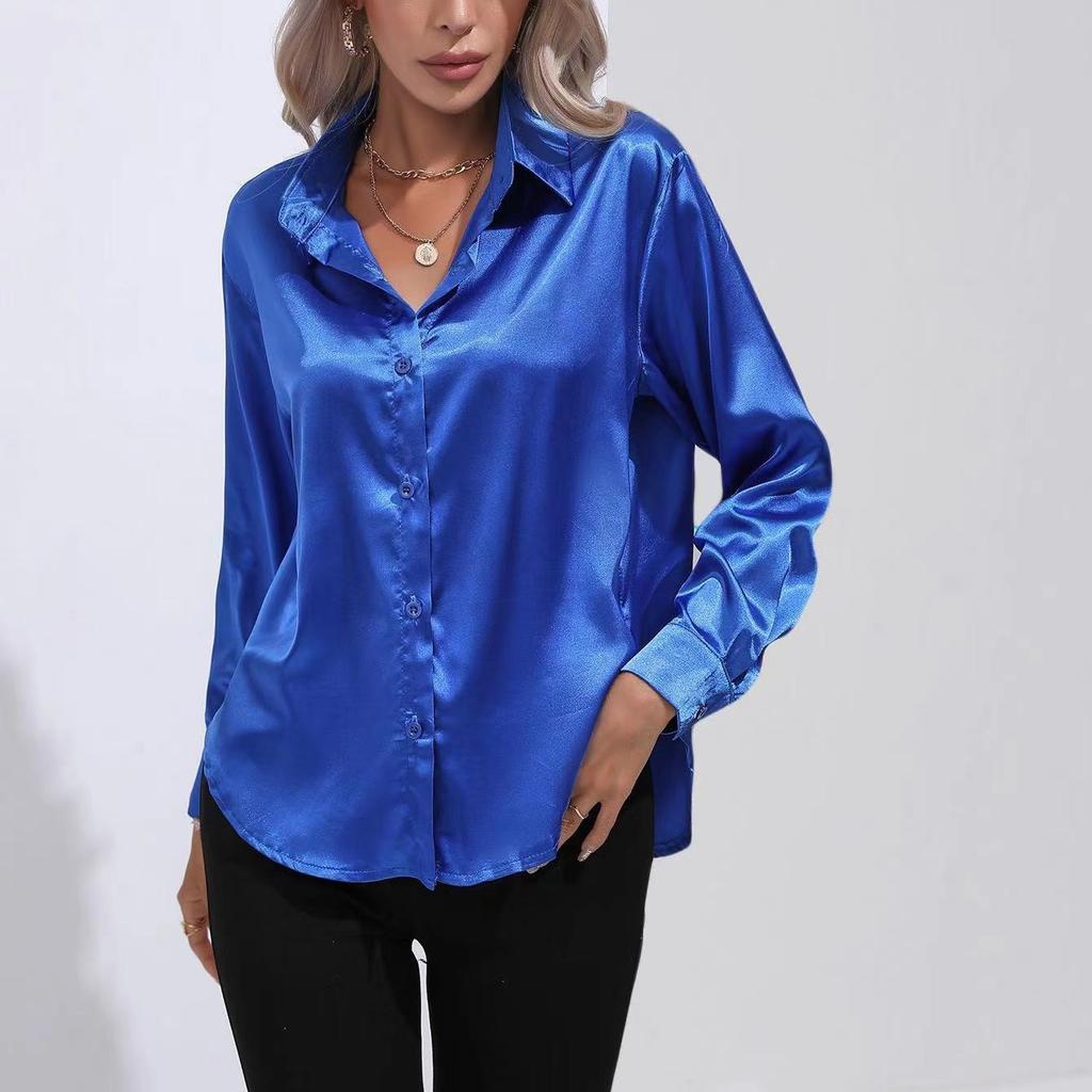 GMXIA Shirt Women's High-end Simple V-neck Cardigan Shirt Women's Loose Long-sleeved Button-up Top