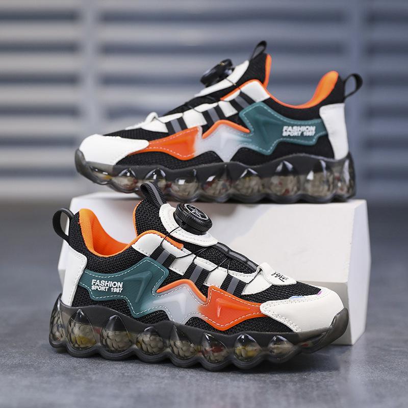 Zapatillas Deportivas para Niños, Botones Giratorios, Zapatos para Niños Grandes, Zapatillas para Correr de Suela Blanda, Zapatillas de Baloncesto de Malla, Zapatos para Niños de Estilo Caliente