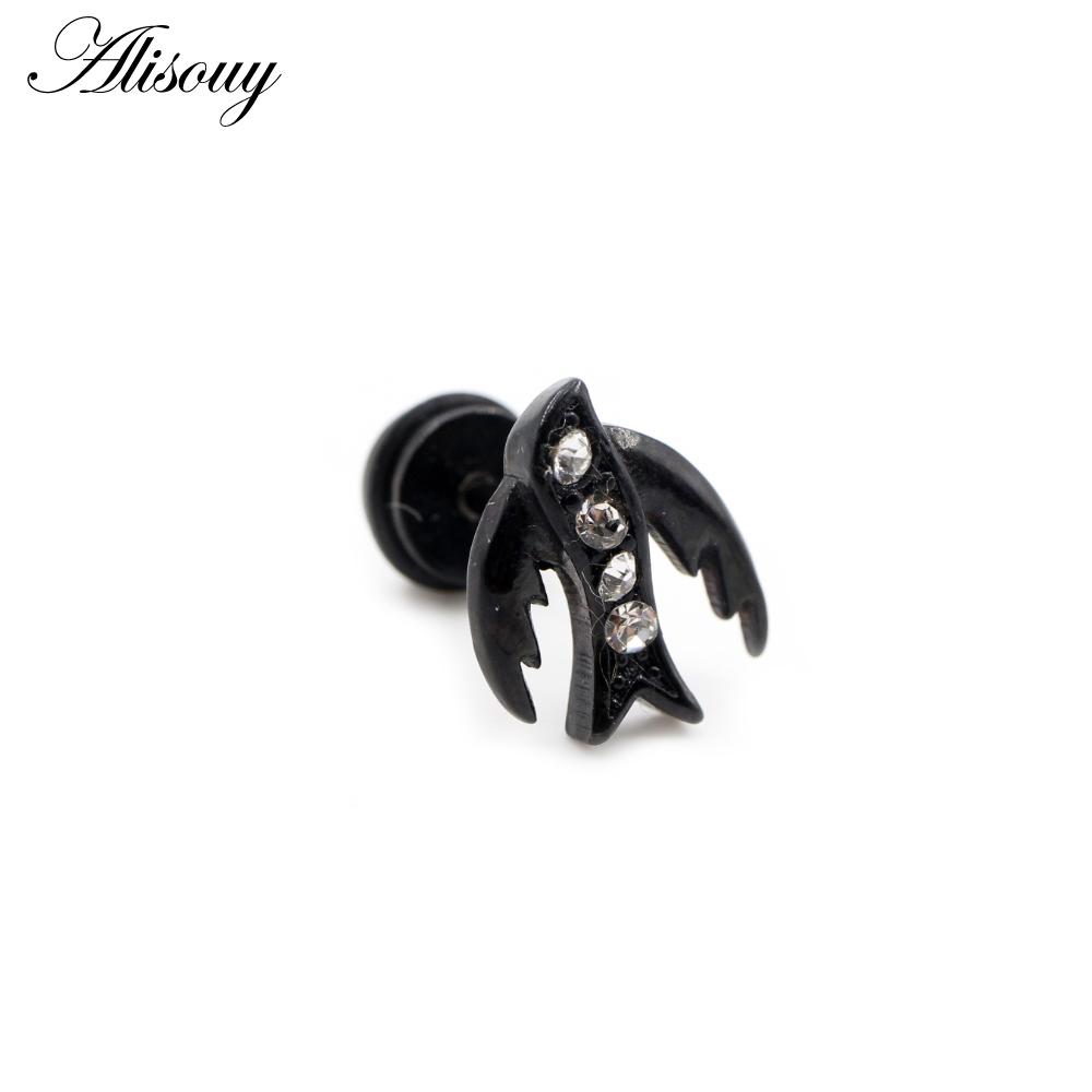 Alisouy 2 Stück Edelstahl Delphin Eidechse Sonne Mond Kreuz CZ Damen Herren Ohrstecker Ohrring Tragus Helix Knorpel Piercing Schmuck