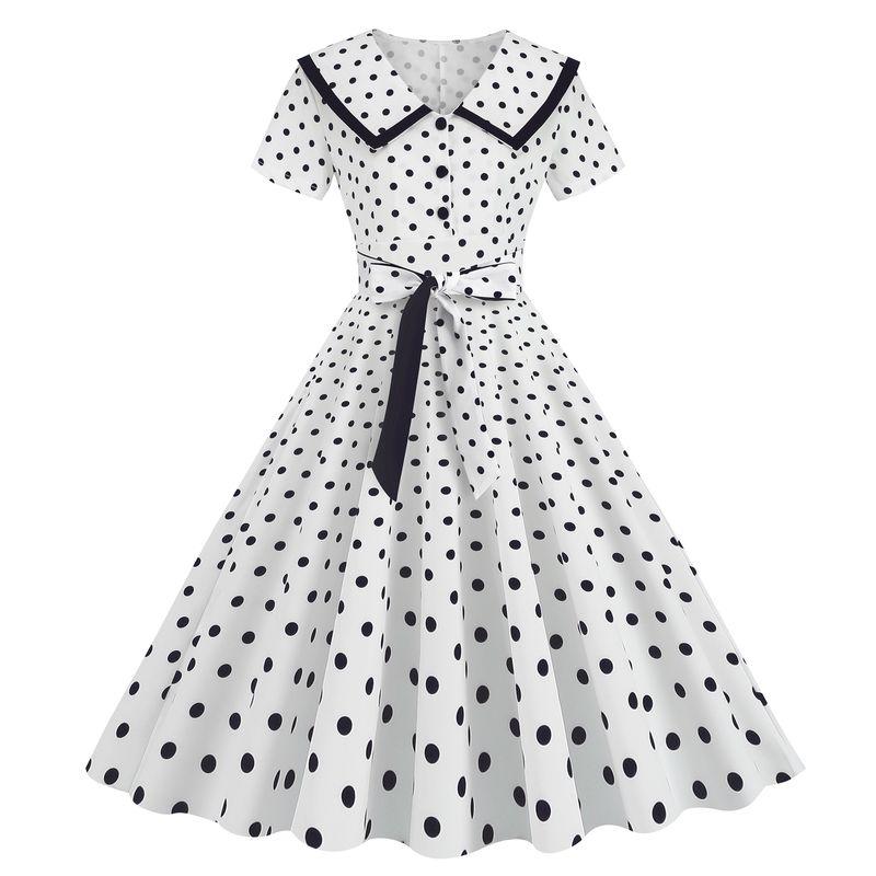 Retro Polka-Dot Slim-Fit Dress Belt Short Sleeve