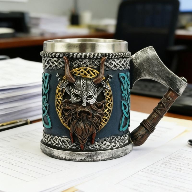 Medieval Pirate Drinking Cup With Ergonomic Axes Handle And Decorative Carvings Beer Mug For Beverage Enthusiasts Gift