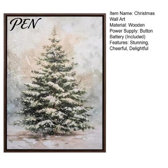Decorative Christmas Tree Painting Wall Art, Light Up Snowy Pine Artwork, Rustic Framed Gift for Bedroom Office Canvas Art Farmhouse Home Kitchen