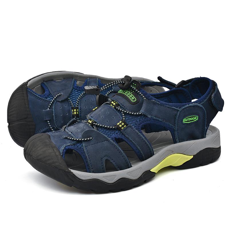 Men Outdoor Hiking Sandals Grey Leather Closed Toe Blue Beach Shoes Wide Handmade Sandals Plus Size for Father
