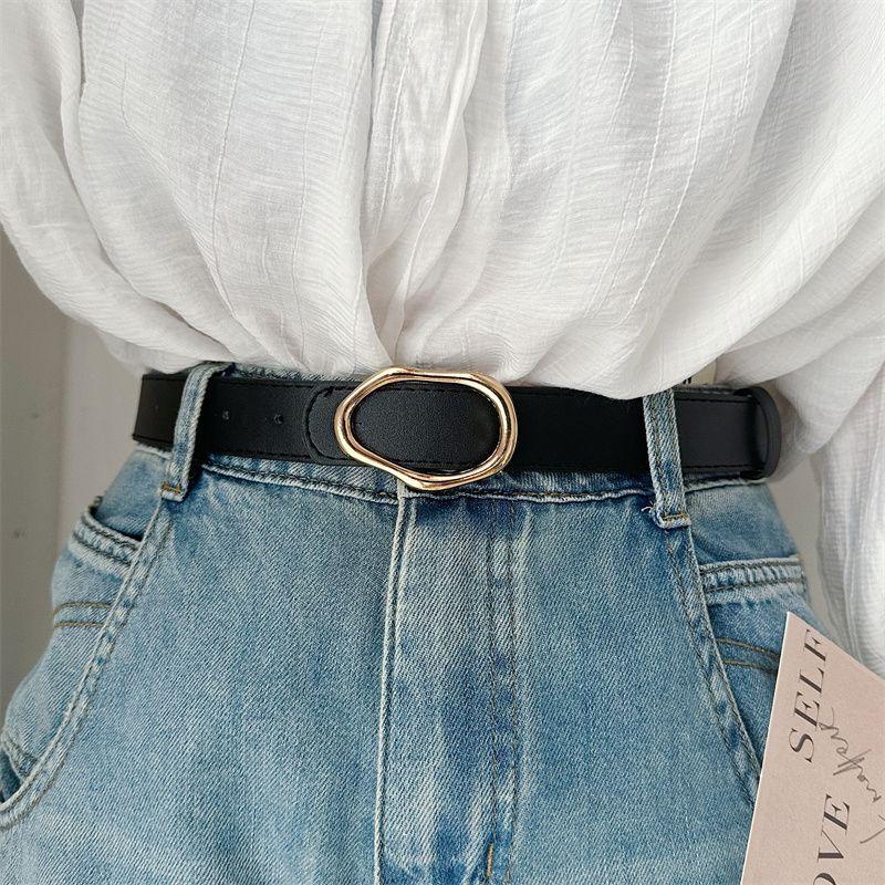 

Inspired Womens Vintage Denim Belt Sleek Pu Material With Twisted Oval Buckle Gold Twisted Oval