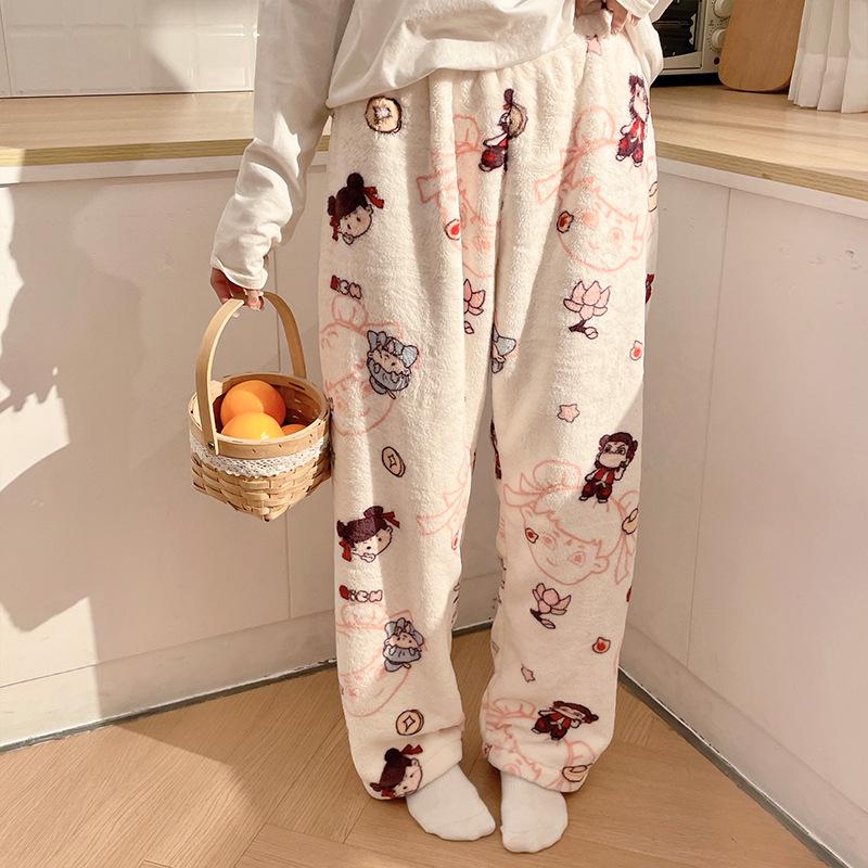 Korean Style Women's Fleece Pajama Pants - Flannel Cartoon Design for Autumn and Winter