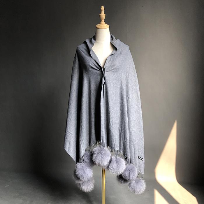 Factory Direct Pashmina Shawl Women Cashmere Scarf Shawl With Fox Fur Pompoms