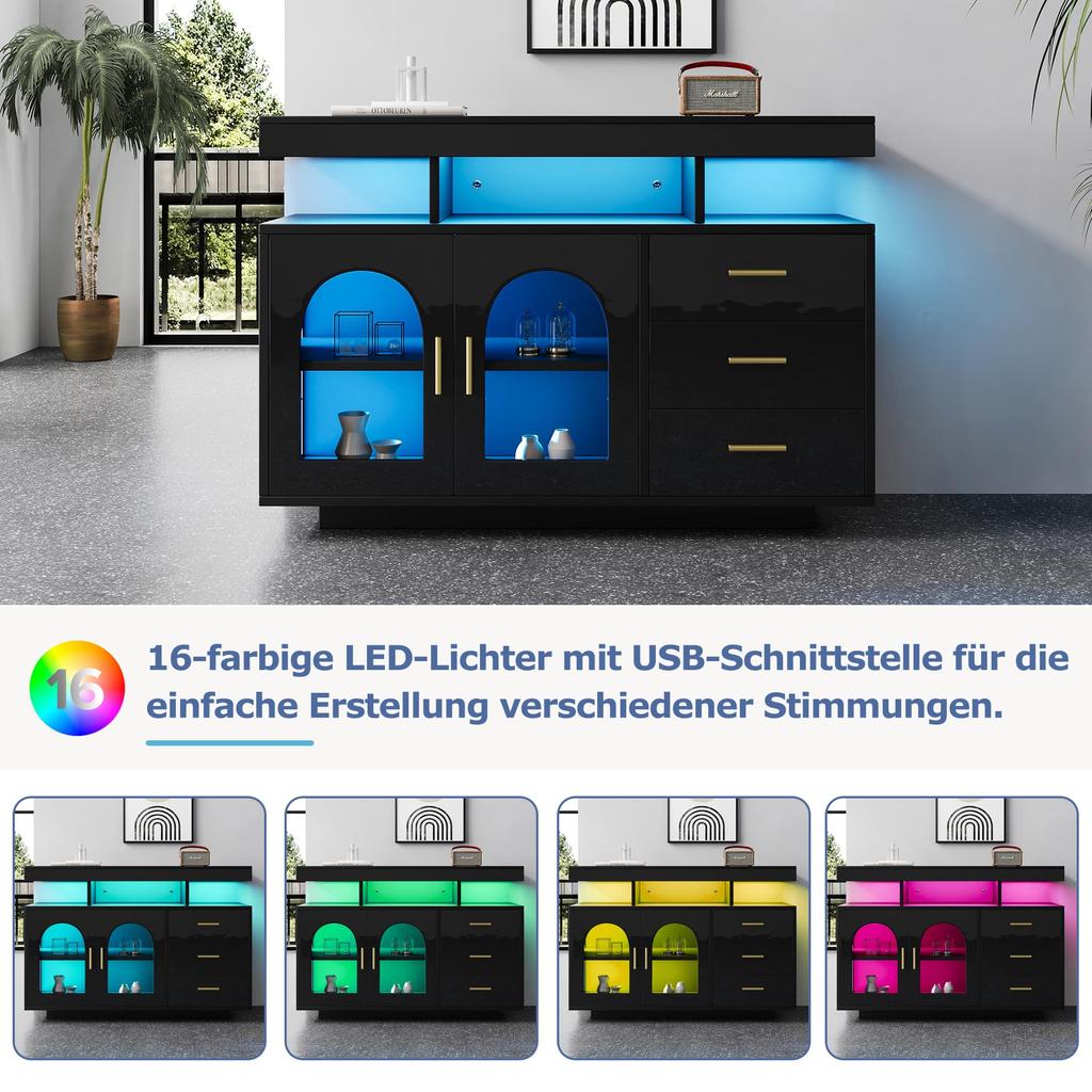 Kredens Bufetowy z Oświetleniem LED, Komoda Szafka 2 Drzwi 3 Szuflady, Nowoczesna Szafka Pomocnicza do Salonu Jadalni Przedpokoju, 120x40x80cm